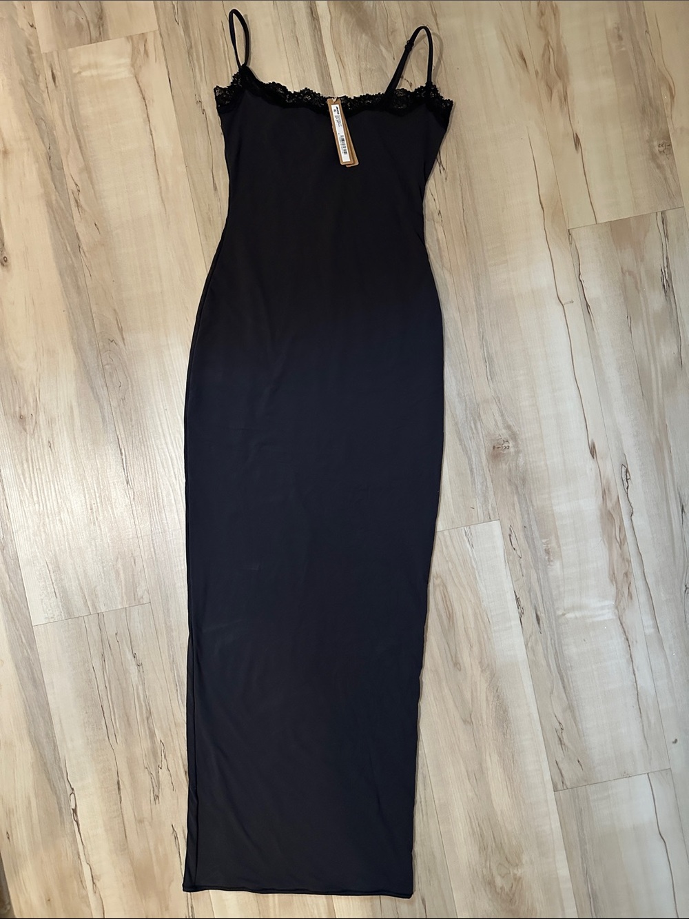 SKIMS Fits Everybody Black Lace-Trim Maxi Dress NWT